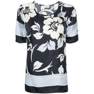 PAROSH Floral Print Silk T-Shirt Women BLUE T-Shirts & Tops